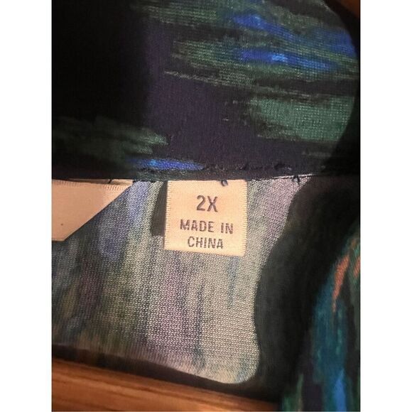 Liz Claiborne Size 2X Long Sleeve Faux Wrap Sheath Dress Blue Peacock Ikat Print - Picture 12 of 15